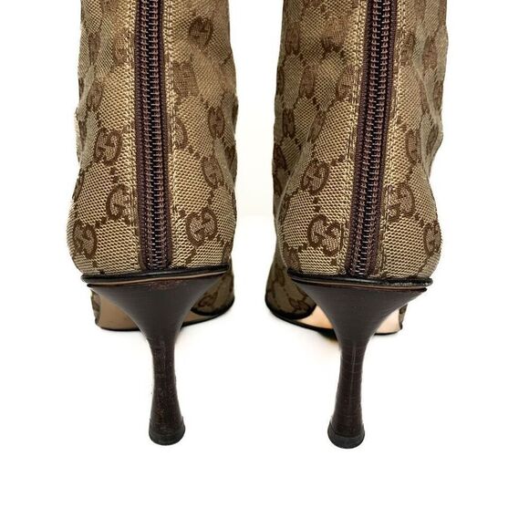 Gucci Monogram Double G Logo Canvas Calf Booties US 8 Brown Beige Supreme Heels - Picture 5 of 12